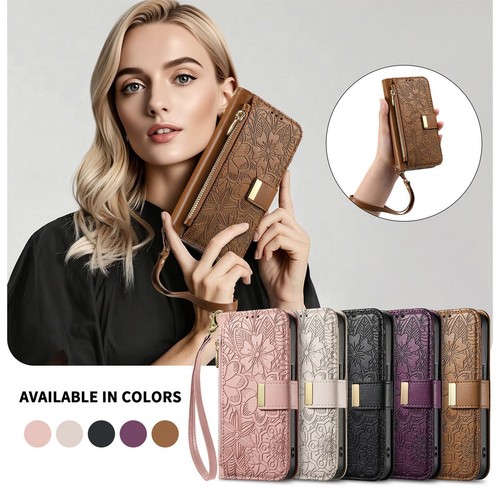 Leather flower wallet - leather, phone